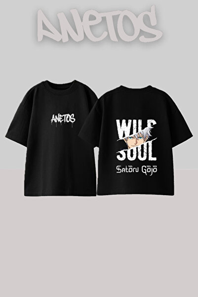 Anetos Μπλουζάκι Satoru Gojo με στάμπα στην πλάτη, βαμβακερό, μαύρο, oversized