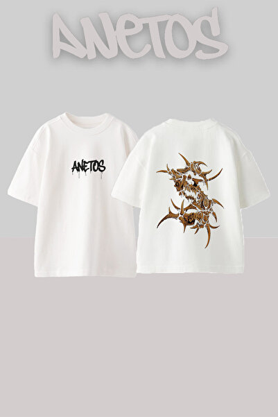 Anetos Tricou oversize alb din bumbac cu imprimeu pe spate Bone Monster Design