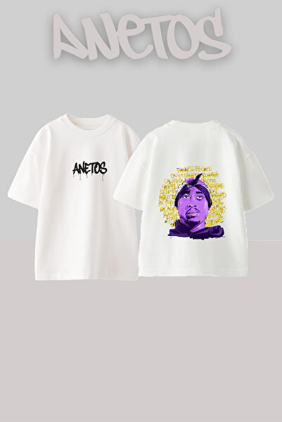 Anetos T-shirt Tupac Shakur 2 με στάμπα στην πλάτη, βαμβακερό, λευκό, oversized