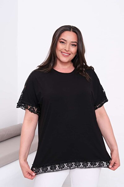 Esina Γυναικεία μπλούζα από βισκόζη με δαντέλα στους ώμους και στο τελείωμα τ...