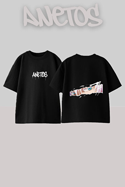 Anetos Μπλουζάκι Gojo Satoru 3 με στάμπα στην πλάτη, βαμβακερό μαύρο oversize