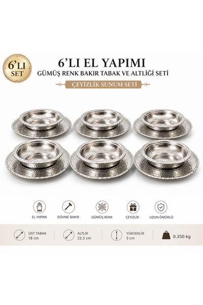 NUHA Çeyizlik 6’lı Gümüş Renk Bakır Tabak Seti – El Yapımı Dövme Bakır Sunum ...