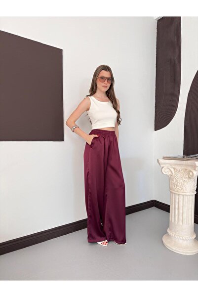 timagna Kadın Saten Pantolon Beli Lastikli Şık Ve Rahat Palazzo Pantolon