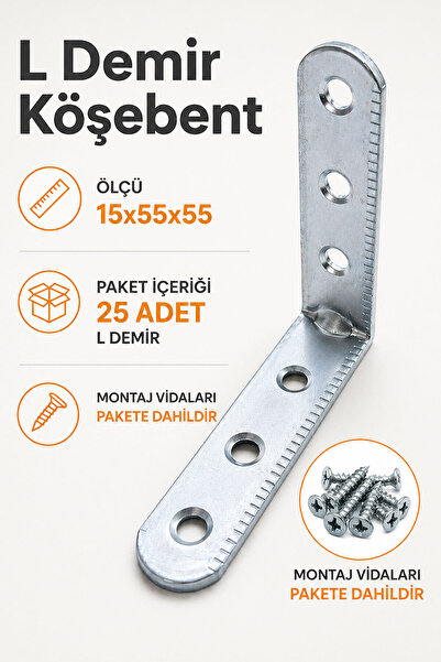 Badem10 L Demir Gönye Oval Başlı 15x55x55 mm 25 Adet Köşebent Dayanıklı Metal...