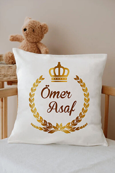 Lilabio İsme Özel %100 Pamuk Çocuk Odası Kırlent Kılıfı -Sarı Tac Çelenk