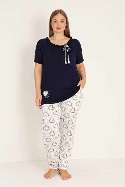 JENİKA Σετ πιτζάμες μεγάλου μεγέθους με στρογγυλή λαιμόκοψη από βισκόζη, δαντ...