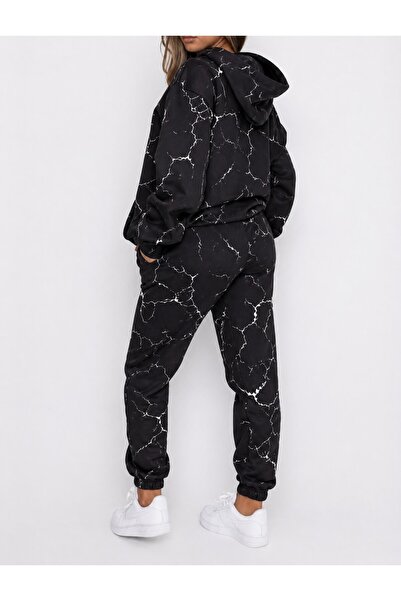 SERBA Women's Black Marble Pattern Hooded Tracksuit Set (Shardonlu)