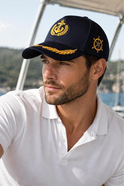 HatClub Exclusive قبعة كابتن بحار للرجال باللون الأزرق الداكن مع تطريز ذهبي ق...