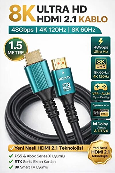 Derwell 8K@ 1.5 Metre Ultra Yüksek Hızlı HDMI 2.1 Kablo 8K UHD 4K 120Hz 48Gbp...
