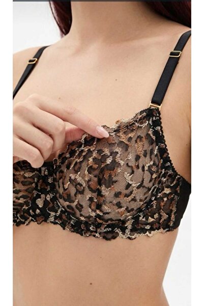 La Linaa Set sutien și tanga din dantelă cu imprimeu leopard – Set lenjerie sexy transparentă, fără cupă, cu sârmă la spate