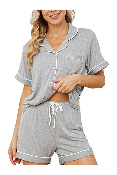 Take Two By Styli Grey Solid Piping Detail Shirt and Shorts Set
