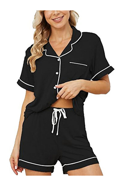 Take Two By Styli Black Solid Piping Detail Shirt and Shorts Set