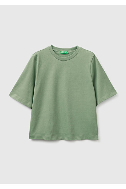 United Colors of Benetton Γυναικείο μπλουζάκι χακί 100% βαμβακερό σε φαρδιά γ...