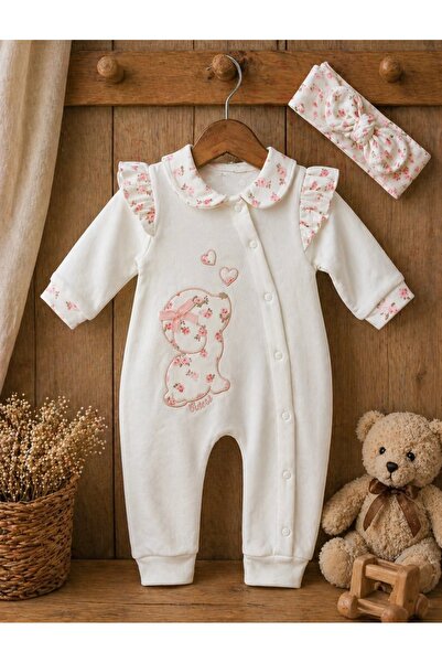 cayzen Kız Bebek Yaka Detaylı Bandanalı Beyaz Tulum Seti