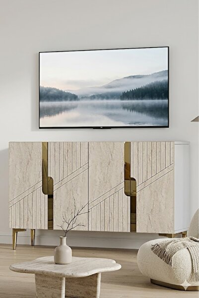 CENEYRA KA1228BTG EVVA Konsol ve Tv Sehpası Beyaz-Traverten-Gold 120cm