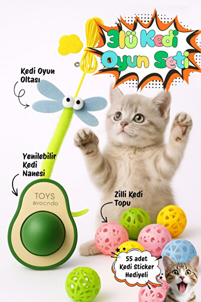 Bimotif 3lü Kedi Oyuncakları Seti (1 adet Kedi Nanesi Topu Catnip, 1 adet Ked...