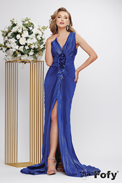 Fofy Rochie eleganta lunga de ocazie de LUX albastru royal din voal plisat cu...