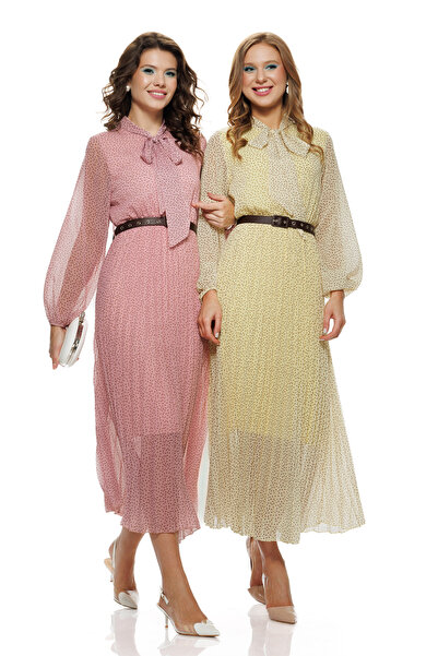Fofy Rochie eleganta din voal matasos roz cu volane si imprimeu cu buline