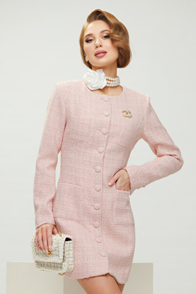 Fofy Rochie eleganta din tweed roz premium cu buzunare aplicate si nasuri imb...