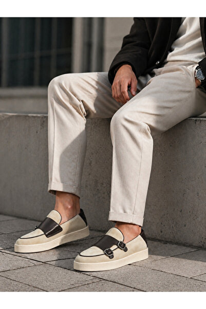 the corleone Erkek Bej Süet Hakiki Deri Casual Loafer Sneaker Şık Çift Tokalı...