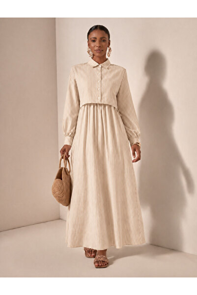 BORCKA TEKSTİL Cepken Detailed Striped Patterned Seasonal Trend Cotton Dress