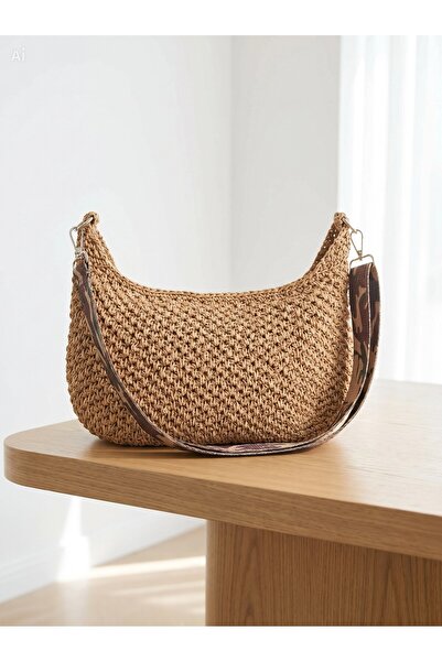 Meya design Women's Brown Knitted Textured Zippered Shoulder Bag - Leopard St...
