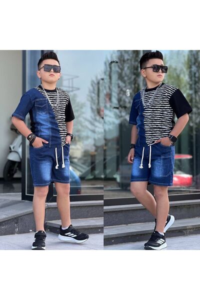 zavera for kids Αγορίστικο καλοκαιρινό σετ τζιν με ρίγες και λεπτομέρεια τσέπ...