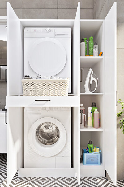 Ases Mobilya Esl0245 Çamaşır Makinesi ve Kurutma Makinesi Boy Dolaplı Banyo D...