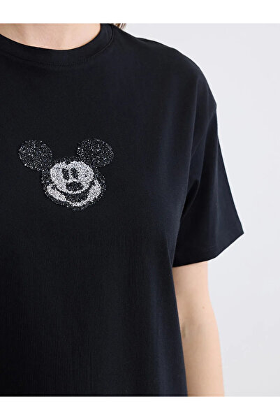 LC Waikiki Μαύρο γυναικείο μπλουζάκι με λαιμόκοψη Mickey Mouse με τύπωμα