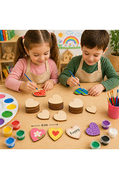 CARON CHOCOLATE Boyanabilir Ahşap Kalp 6 Cm 30 Adet Aktivite Etkinlik Figür B...