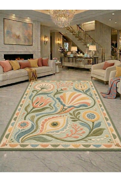 Rugs Modern Halı Sdt Pastel Flower Garden Motif Green Background Woven Base D...