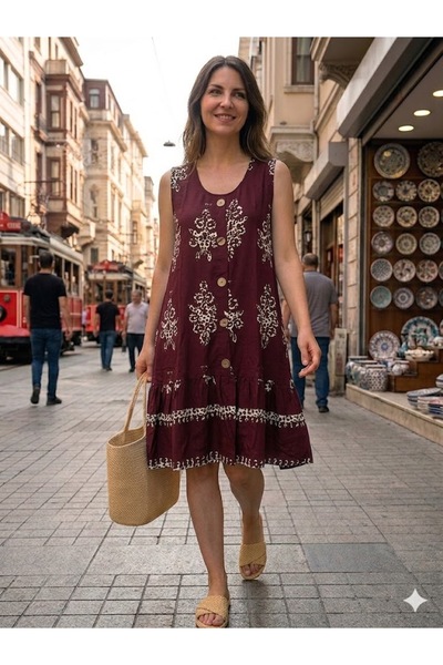 AYASOFYA OTANTIK Women's Burgundy Ethnic Pattern Button Detailed Pocketed Sle...