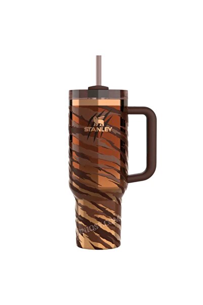 Stanle Insulated Travel Mug 40oz with Handle & Straw Tiger Print Leakproof St...