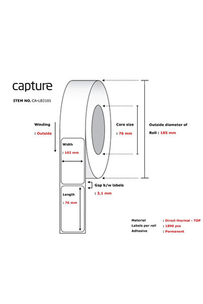 CAPTURE Etichetă 102x76, Mandrină 76, Diametru 185 mm. Imprimare termică. Aco...