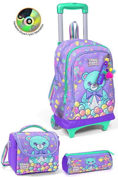 Coral High Kids Milka Şeker Ayıcık Desenli Çekçekli 3'lü Çanta Seti SET0134005
