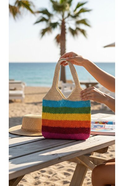 SOWACO Rainbow Hasır Çanta – Renkli Çizgili Yazlık Plaj & Omuz Çantası