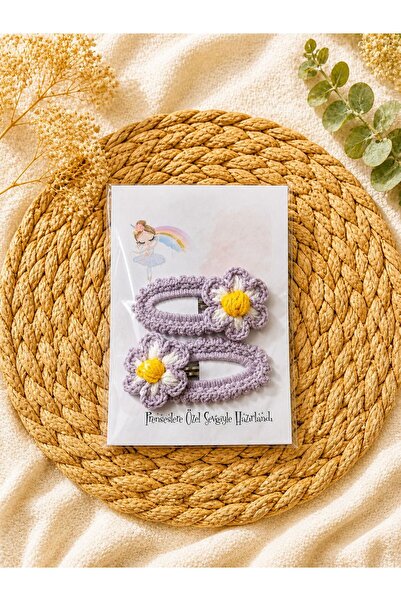 🌼 El Örgüsü Papatya Figürlü Lila Çıtçıt Toka (2’li Set)
