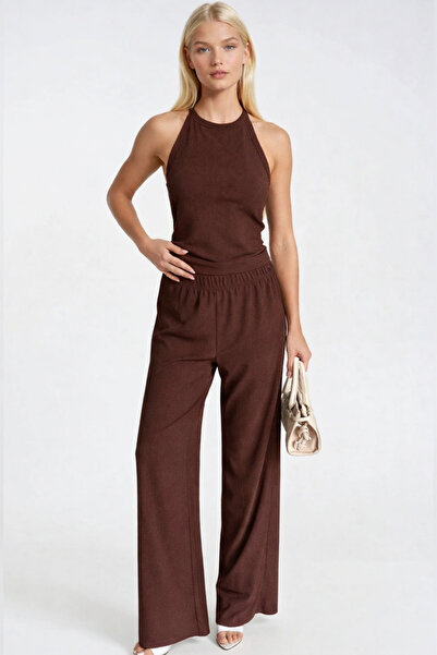 Asfaha Fashion Women's Brown Halter Neck Textured Two-Piece Set with Elastic ...
