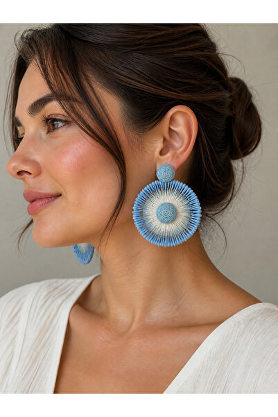 synshop Blue Zarax Model Women's Flower Earrings Straw Large Size Summer Bohe...