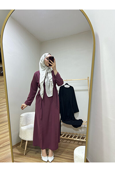 BNGL Boutique Tesettür iki yandan bağlamalı krep kumaş elbise gül kurusu renk