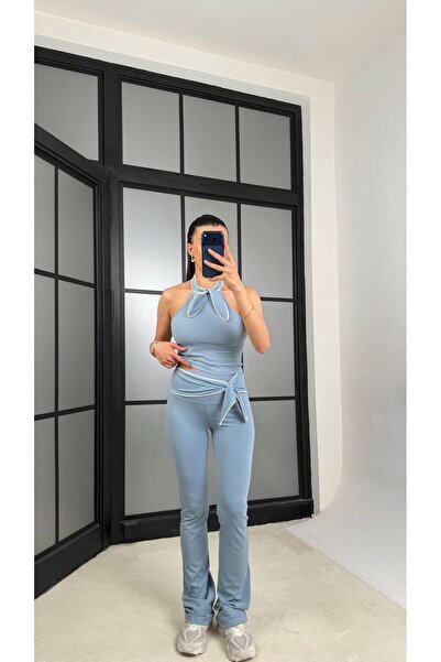 GAUS CO Mavi OYS Model Fiyonk Detaylı Crop Tayt Takım GAUS-01407