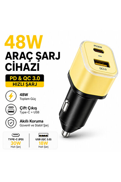 Araç Şarj Cihazı 48W PD 30W QC 3.0 Hızlı Şarj Type-C USB Çift Giriş