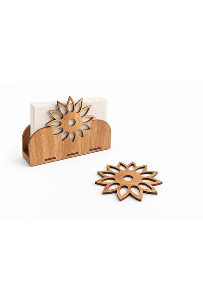 AS TASARIM LAZER Decorative Wooden Napkin Holder and Set of 6 Coasters