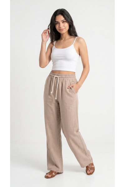 Zenvia Beige Women's Muslin Palazzo Pants Wide Leg High Waist