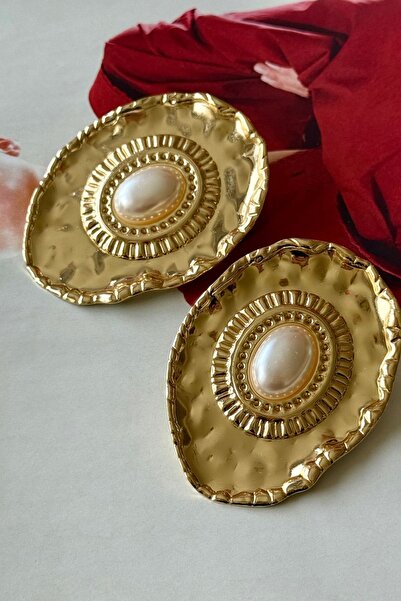 Trendy Butik Large Pearl Detailed Plate Earrings