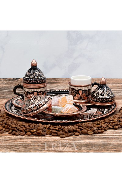 ERİZA Special Presentation Set with 6 Cups, Tray, and Turkish Delight Bowls, Handcrafted Copper Coffee Set