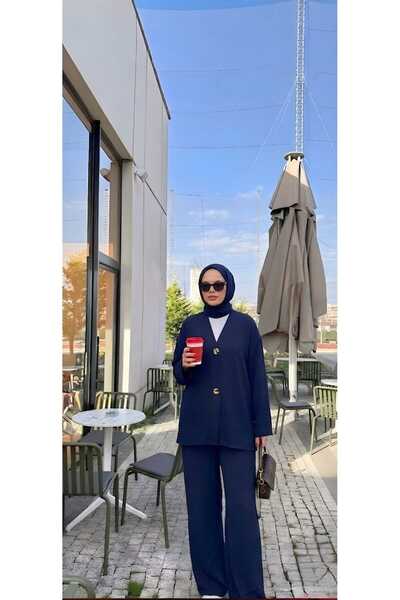 Bluezade Kadın V Yaka Rahat Kesim Düğmeli Alt-Üst Takım
