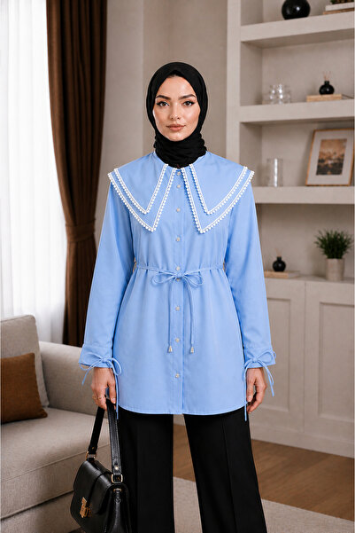 bellura Dantelli Beli Ve Kolu Bağcıklı Poplin Tunik