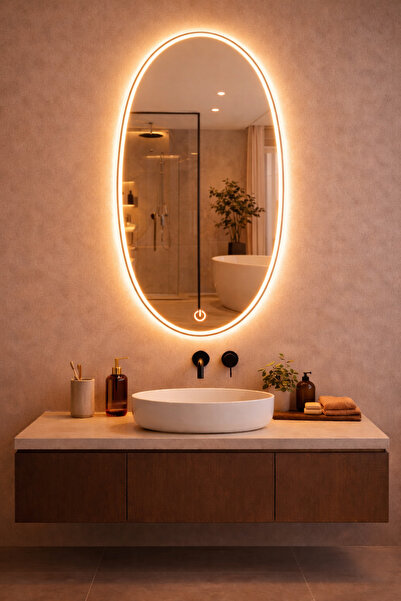 GLOWVİA Mirror Kumlamalı Dokunmatik ve LED Işıklı Elips Ayna