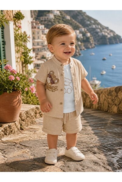 Pure Boutique Set bebe baiat 3 piese camasa muselina tricou bumbac si pantalo...